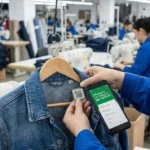 The EU Digital Product Passport Is Coming: What Fabric Brands Must Do Now 2 Worker scanning a QR code on a denim jacket in a garment factory for digital product passport tracking.