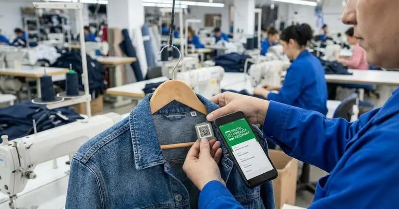Worker scanning a QR code on a denim jacket in a garment factory for digital product passport tracking.