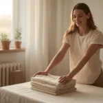 How to Read a GOTS Certificate: The 2026 Guide for Fashion Buyers & Retailers 1 Woman folding neatly stacked organic fabric towels representing sustainable textile practices and GOTS-certified products