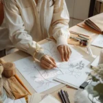 Fashion designer sketching organic clothing designs at a workspace for a private label organic cotton apparel line