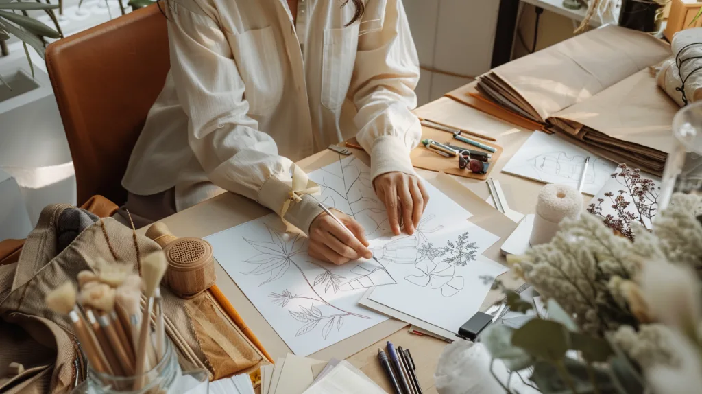 Fashion designer sketching organic clothing designs at a workspace for a private label organic cotton apparel line